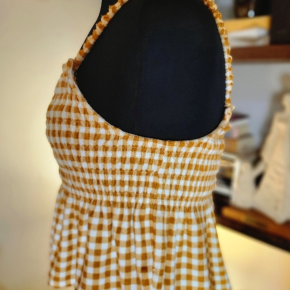 NWT - SO Goods For Life (Med) Velour Smocked Gold Gingham Checked Peplum Tank - Picture 4 of 6